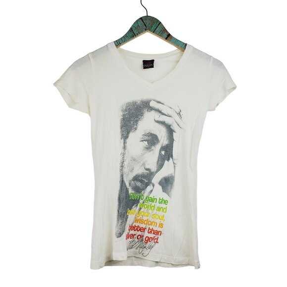 Zion Rootswear Tops - BOB MARLEY "Don't Gain The World And Lose Your Soul" White V-Neck T-Shirt Sz S